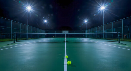 Evening Tennis Courts Illuminated by Bright Floodlights With Tennis Balls Resting on the Surface