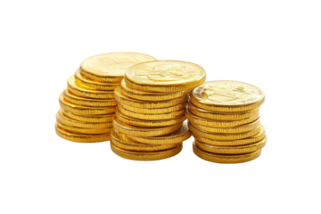 Pile of gold coins isolated on transparent background. Stacks of golden coins money growth concept isolated on a white background.