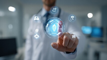Medium shot centered on an AI hologram physician gesturing toward floating diagnostic icons with patient and room softly blurred representing the integration of artificial
