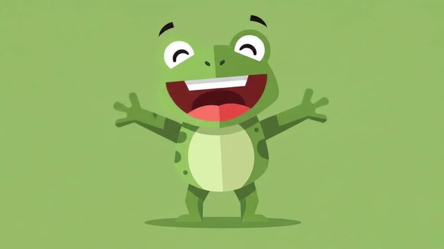 Happy Green Cartoon Frog Hugging on Green Background