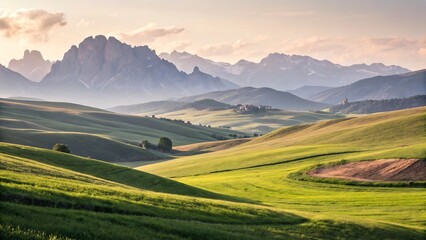 Naklejka premium Golden hour light bathes rolling green hills and majestic dolomite peaks