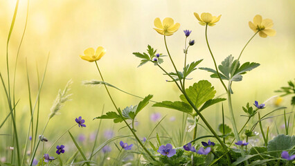 Fototapeta premium Wild buttercups and purple violets in natural meadow setting with soft golden light, capturing authentic countryside flora in dreamy atmosphere.