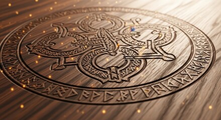 Obraz premium Ancient Norse mythological symbol with runic inscriptions carved on a wooden surface with a mystical glow.