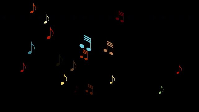Colorful vector musical notes on black background abstract sound concept looping animation.