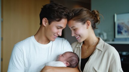 New parents looking at their baby, exhausted but happy, real moment of family bonding