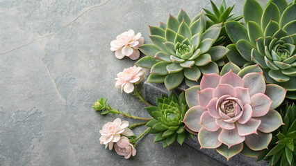 Close-up arrangement of pastel pink and green succulents with delicate flowers on gray slate stone surface creating elegant botanical composition display.