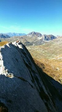 The beauty of untouched nature of Montenegro: scenic places in the Durmitor. View of Bobotov Kuk, Sareni pasovi, Prutas and other peaks taken from the top of Sedlena greda. Hiking in Zabljak