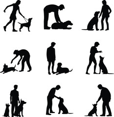 PrintSilhouettes of people training dogs, giving commands, walking pets, showing affection, dog obedience, pet care, love, and companionship.Silhouettes of people training dogs, 