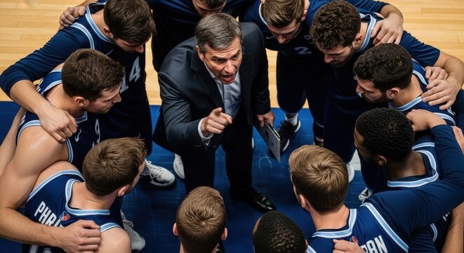 A passionate coach giving a motivational speech to his basketball team during a strategic huddle on the court.