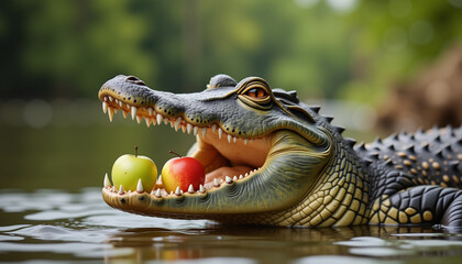 Obraz premium Crocodile with Apples in Mouth Floating in Serene Water. Realistic wildlife, unusual nature, conceptual. For nature blogs, educational content, unique animal facts