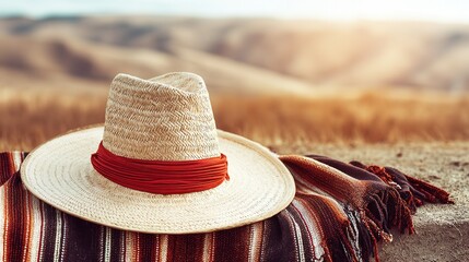 Chilean Independence Day huaso hat with red ribbon and wool poncho, soft sunlight and distant hills show warm peaceful festive vibe