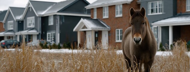 Grazing brown horse stands prominently in a verdant field, framed by traditional houses and a wooden fence under a clear winter sky