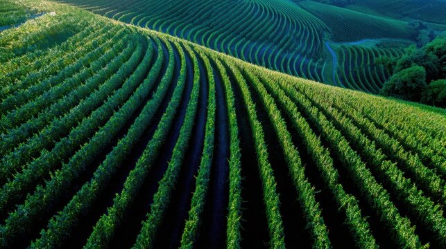 Overhead drone shot of lush vineyard rows stretching across hillside, geometric precision, morning dew, perfect for wine or agriculture stock photo