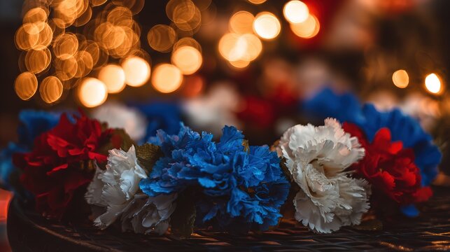 Chilean Independence Day floral wreath in red white and blue with fresh blooms, soft bokeh lights and golden glow create festive mood