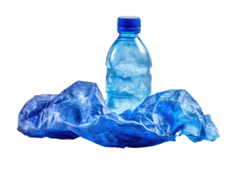 Plastic bottle wrapped in crumpled blue plastic