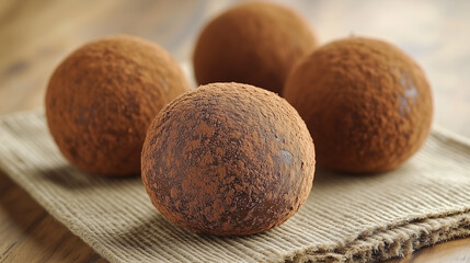 Round chocolate truffles dusted with cocoa powder are arranged on a textured linen cloth, showcasing their rich appearance and inviting presentation for dessert lovers