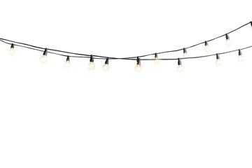 String of warm white fairy lights isolated on transparent background. String lights isolated on white background.