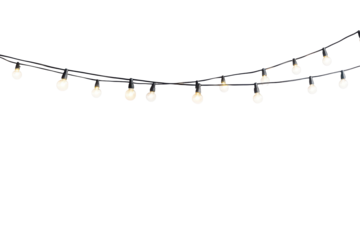 String of warm white fairy lights isolated on transparent background. String lights isolated on white background.