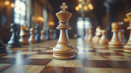 Wooden king chess piece stands prominently on a polished chessboard surrounded by other pieces, showcasing strategic gameplay in a classic setting with warm lighting