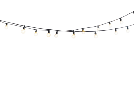 String of warm white fairy lights isolated on transparent background. String lights isolated on white background.