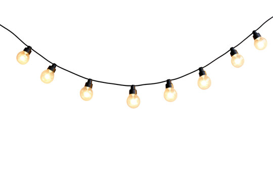 String of warm white fairy lights isolated on transparent background. String lights isolated on white background.