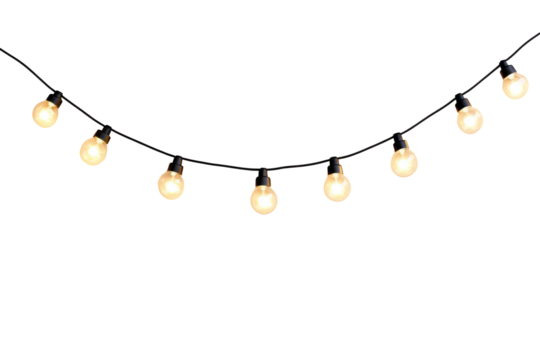 String of warm white fairy lights isolated on transparent background. String lights isolated on white background.