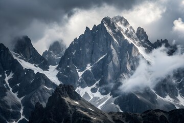 Dramatic Marble Mountain Range with Foggy Clouds Black and White Topographic