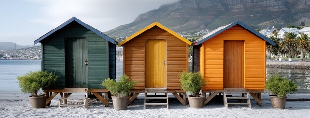 Three charming beach huts stand side by side on a pristine sandy shore, embraced by a clear blue sky and gentle waves