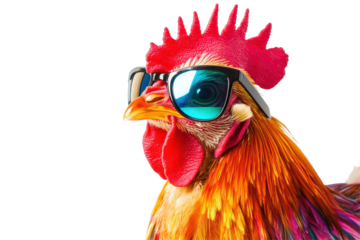 Funny rooster wearing sunglasses isolated on transparent background. Stylish chicken with colorful feathers wearing sunglasses isolated on white background.