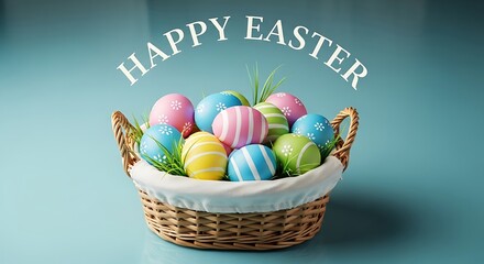 A basket full of colorful easter eggs with happy easter text on blue background