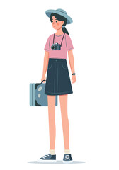 A girl with a suitcase. Colored flat illustration. White background.