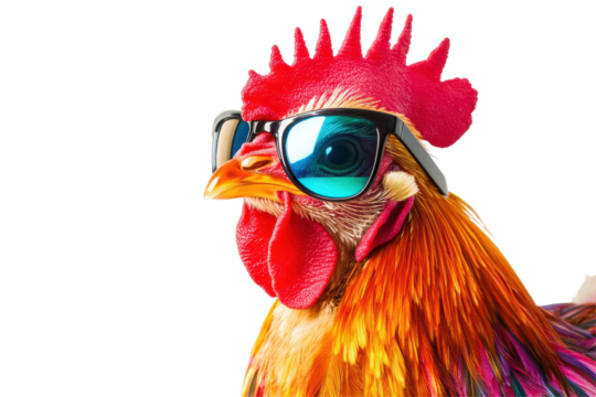 Funny rooster wearing sunglasses isolated on transparent background. Stylish chicken with colorful feathers wearing sunglasses isolated on white background.