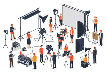 Fototapeta premium A film set scene is depicted with cameras lighting and various crew members in an isometric view