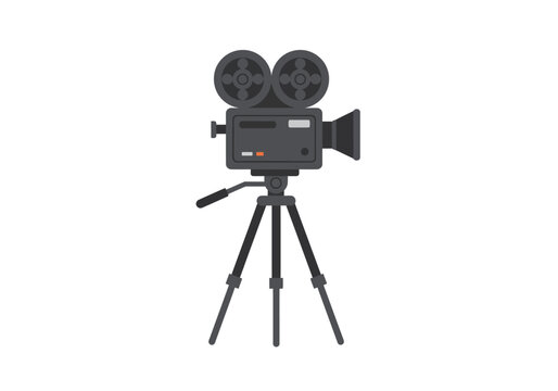 A gray movie camera stands on a tripod