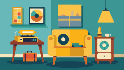 Obraz premium A living room with a retro yellow rotary phone sitting on a side table next to a record player and stack of vintage magazines.