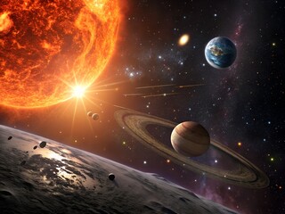 Panoramic View from the Sun: Vibrant Universe with Solar Flares and Deep Space Background