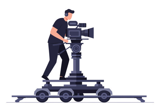 Cameraman in dark clothing operating a video camera on a dolly on a white background