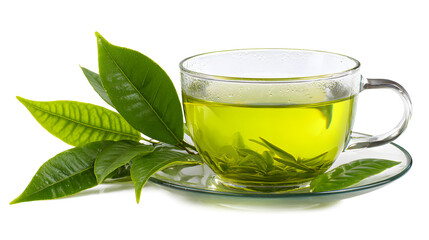 Fresh green tea in a glass cup, leaves and saucer isolated on a white background