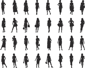 Female fashion silhouettes, women in casual dresses and stylish poses, walking, standing, holding bags, modern fashion model illustration set