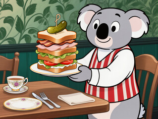 Club Sandwich Delight with Koala Server &ndash; Cozy Caf&eacute; Charm.