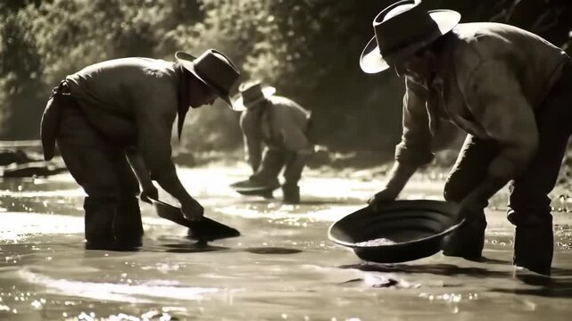 Gold prospectors panning for gold in a river.