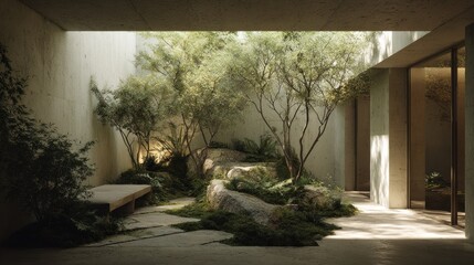 Fototapeta premium Interior courtyard garden with concrete walls and large trees