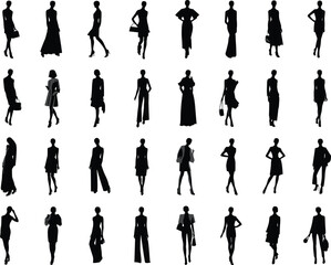 Fashion model silhouettes, stylish women in dresses, skirts, pants, and coats, walking, posing, elegant female figure collection, vector style
