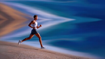 Fototapeta premium Runner on beach, sand flying, background blurred in motion