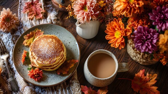A delightful autumn breakfast with pancakes, coffee, and beautiful flowers.