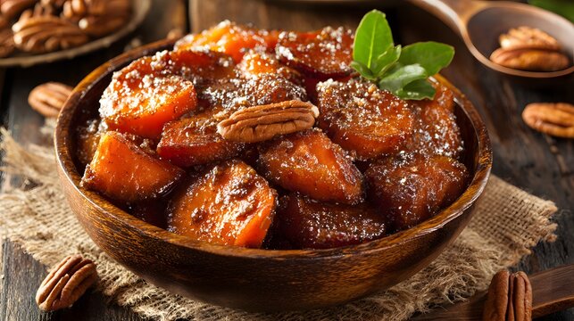 A close-up of candied yams with pecans, a perfect side dish.