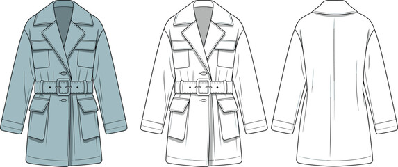 Women’s belted utility jacket flat, fashion technical sketch, outerwear garment illustration, coat front and back view, stylish clothing template