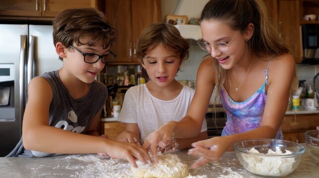 Siblings baking cookies with parents in a home kitchen, flour everywhere, fun and messy family moment - Powered by Adobe