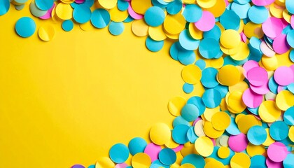 Realistic HD abstract background for digital sales and e-commerce, bright energetic colors like yellow, magenta, and cyan, dynamic shapes and confetti-style textures, neutral zone for offers or text, 