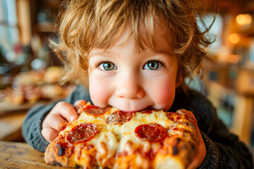 Cute toddler eating a slice of pepperoni pizza at restaurant